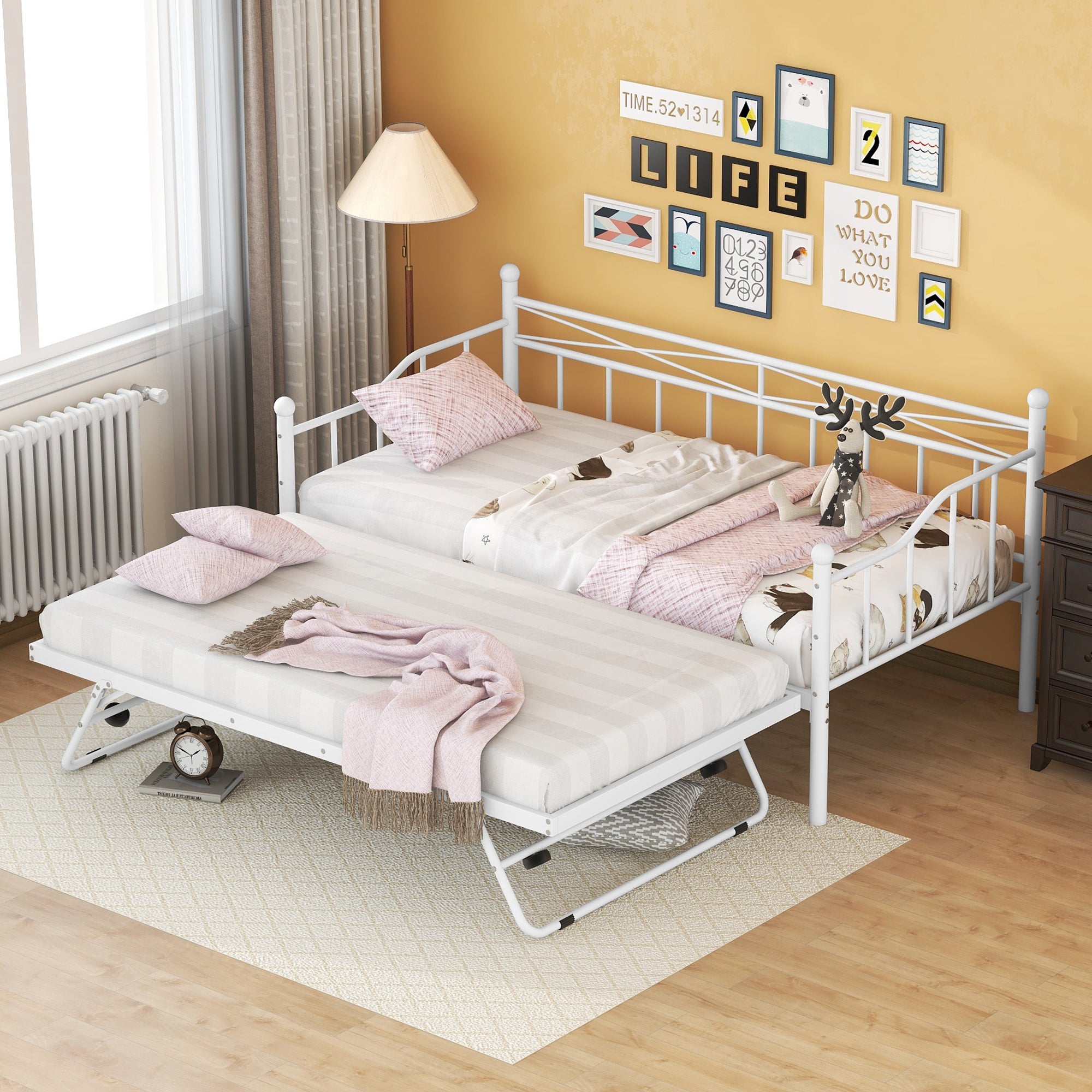 Twin-Size-Metal-Daybed-with-Twin-Size-Adjustable-Trundle,-Portable-Folding-Trundle,-White-Kids-Beds
