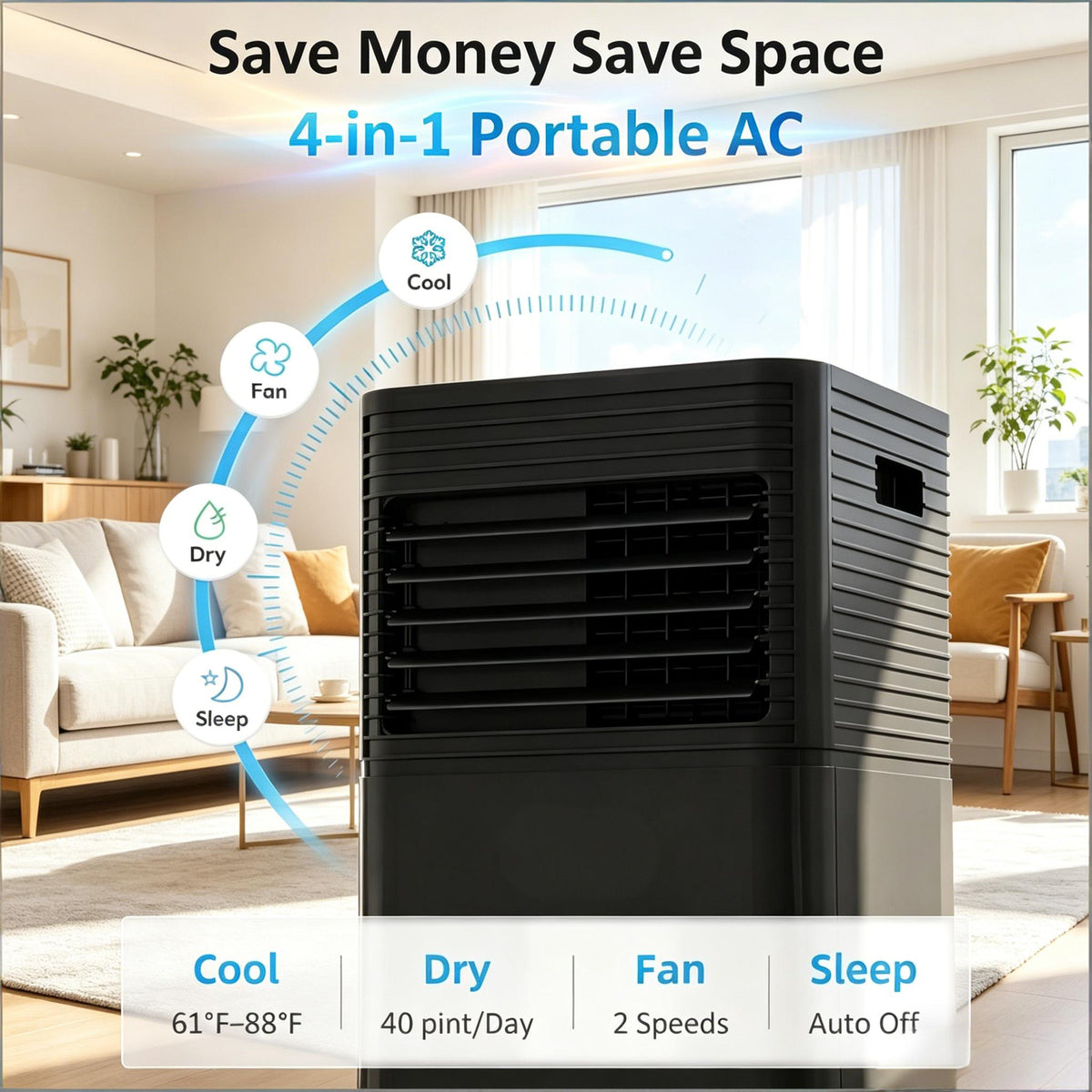 Modern Mobile Air Conditioner with Wheels - Black