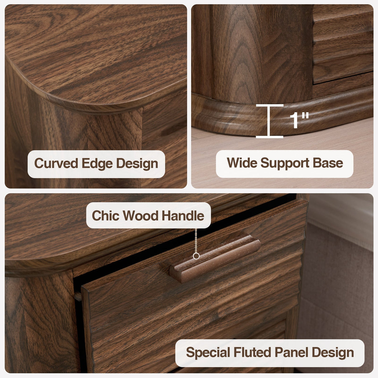 22" Wide Fluted Nightstand with Charging Station