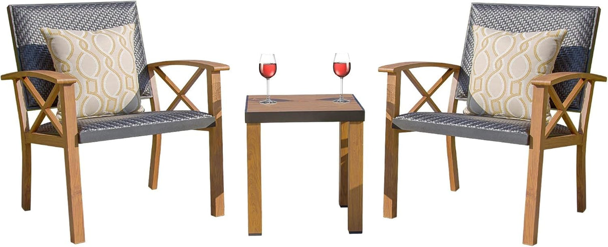 Patio Bistro Set 3 Pieces with Wood Grain Aluminum Wicker