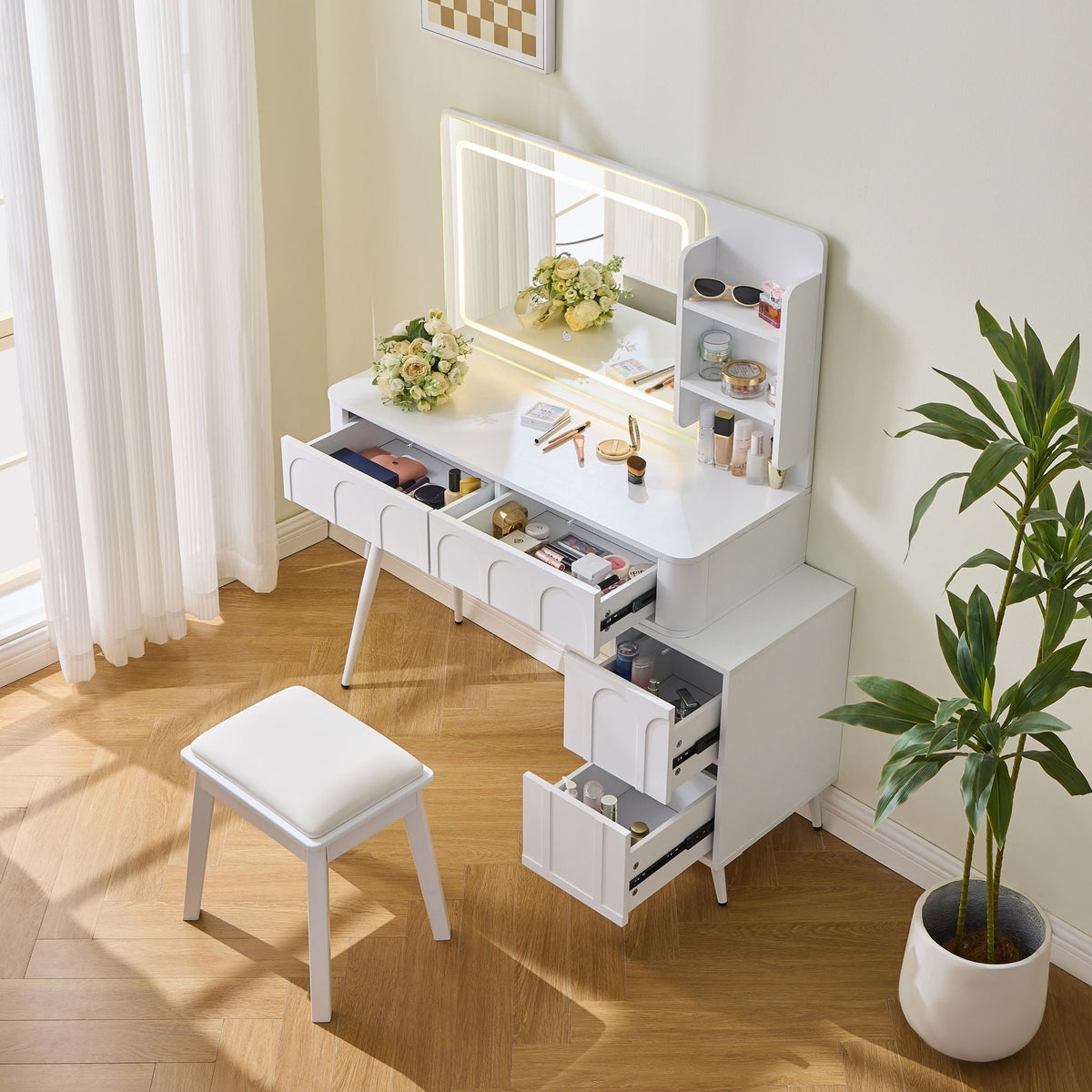 Modern Makeup Vanity Desk with LED Lights and 4 Drawers - White