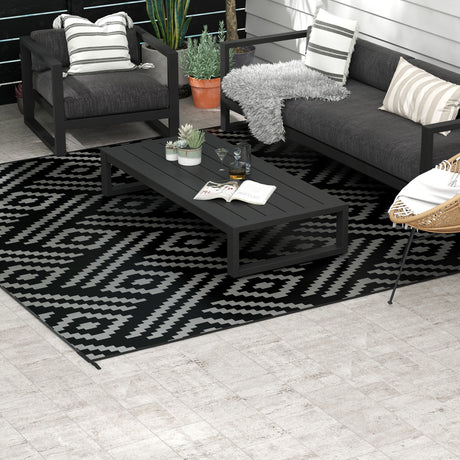 Reversible-outdoor-rug,-8'-x-10'-waterproof-plastic-straw-floor-mat,-black-&-gray-geometric-Outdoor-Rugs