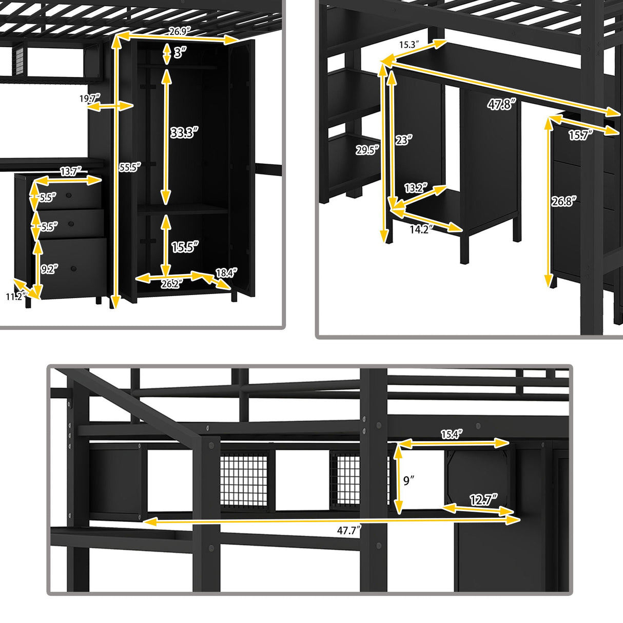 Full Size Loft Bed With Desk Set And Wardrobe - Black