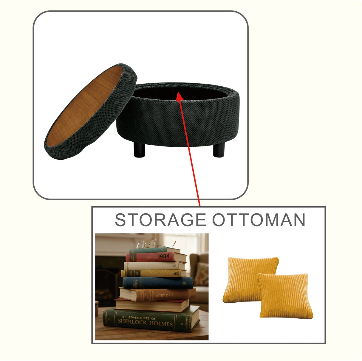 25 Inch Round Storage Ottoman with Tray