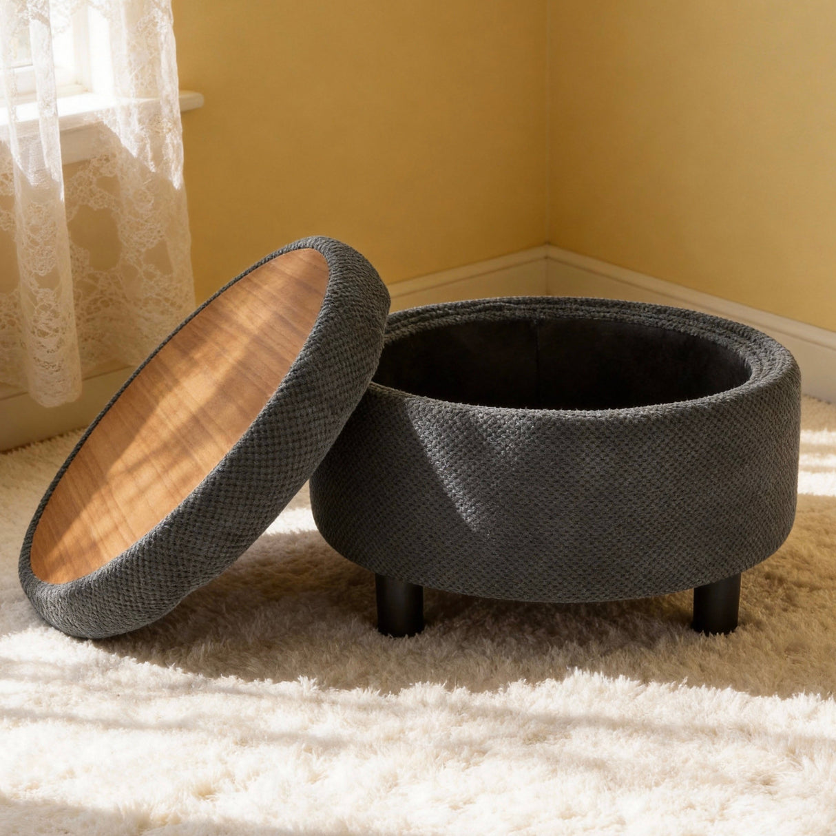 25 Inch Round Storage Ottoman with Tray