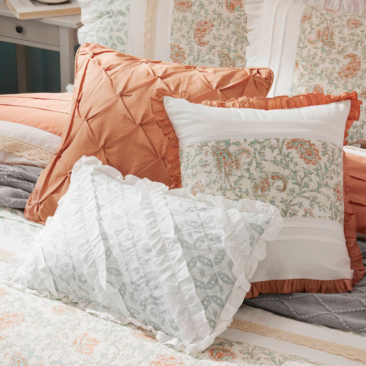 9 Piece Cotton Percale Comforter Set Coral Queen