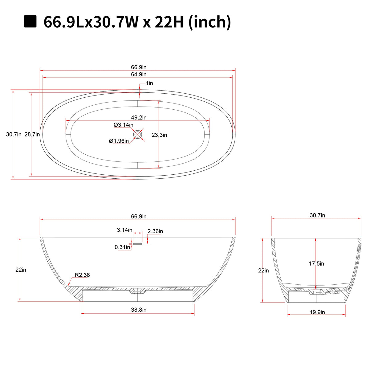 67" Freestanding Bathtub with Pop-up Drain
