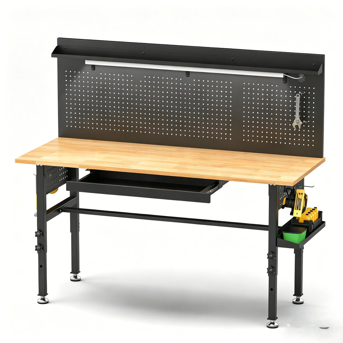 Adjustable Height Workbench, Includes Drawers, Power Outlet, LED Light, Wheels Or Leveling Feet - Black