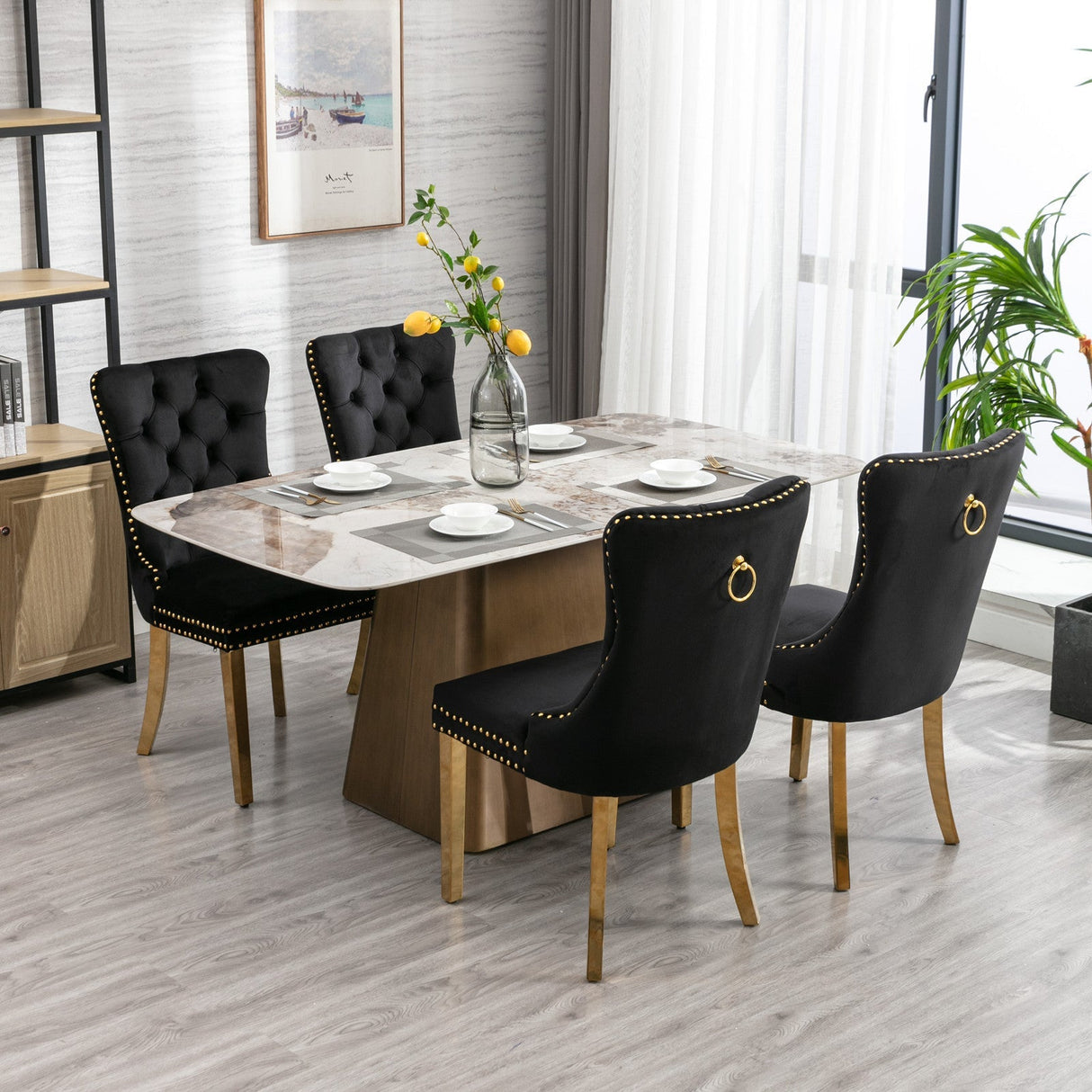 A&A Furniture,Nikki Collection Modern, High-end Tufted Solid Wood Contemporary Velvet Upholstered Dining Chair with Golden Stainless Steel Plating Legs,Nailhead Trim,Set of 2,Black and Gold, SW1601BK