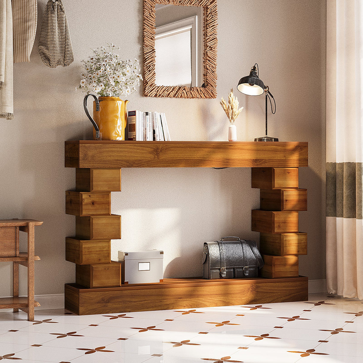 Geometric Block Stacked Wood Console Table