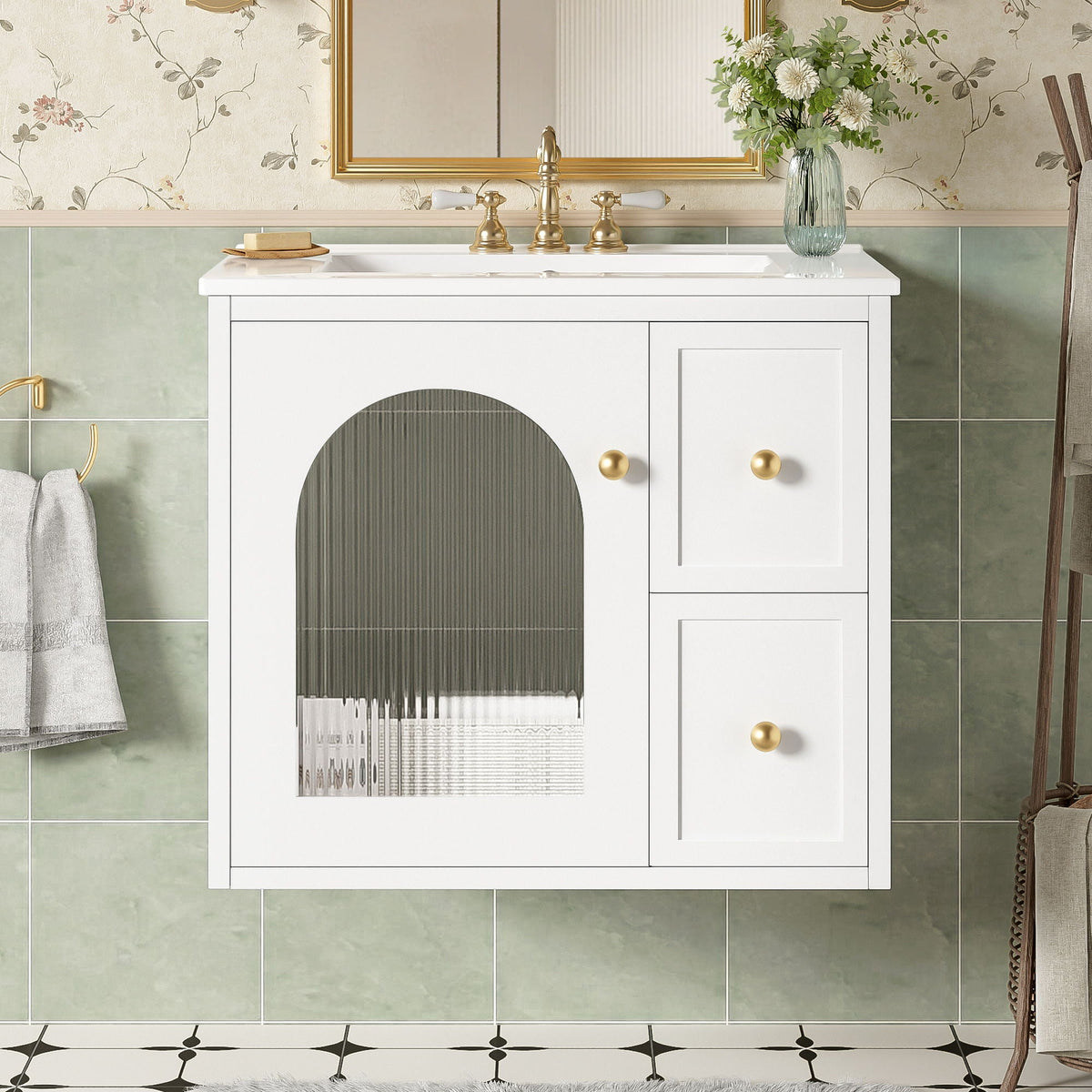 Wall-Mounted Bathroom Vanity Set With Sink, 2 Drawers And Soft-Close Door