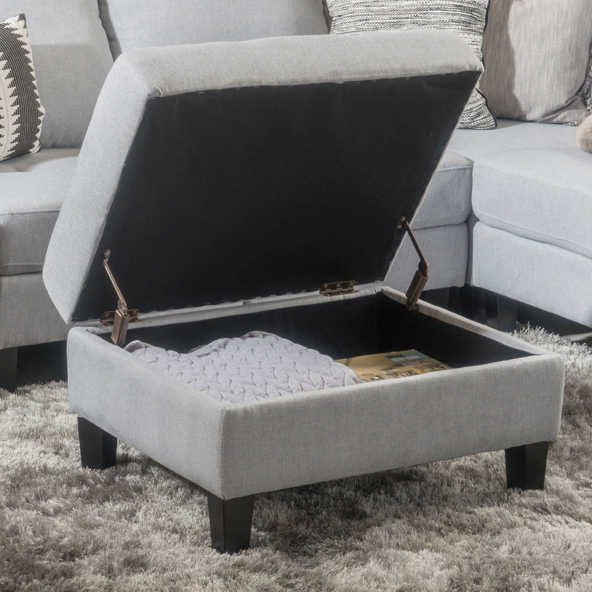Storage Ottoman With Birch Wood Legs And Cushioned Top