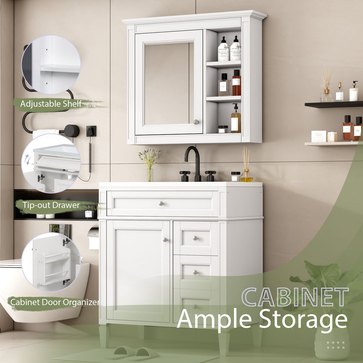 Bathroom Vanity With Top Sink, Storage Cabinet With 2 Drawers And Tip Out Drawer, Freestanding Set With Mirror Cabinet