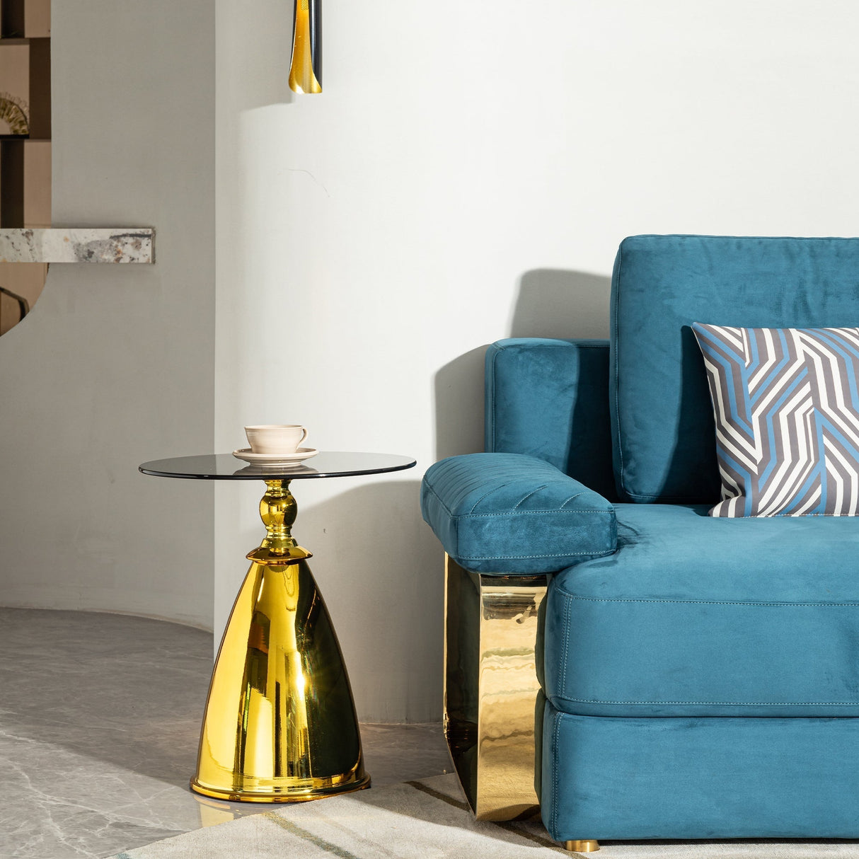 Modern Living Room Coffee Table with Grey Tempered Glass and Gold Carbon Steel