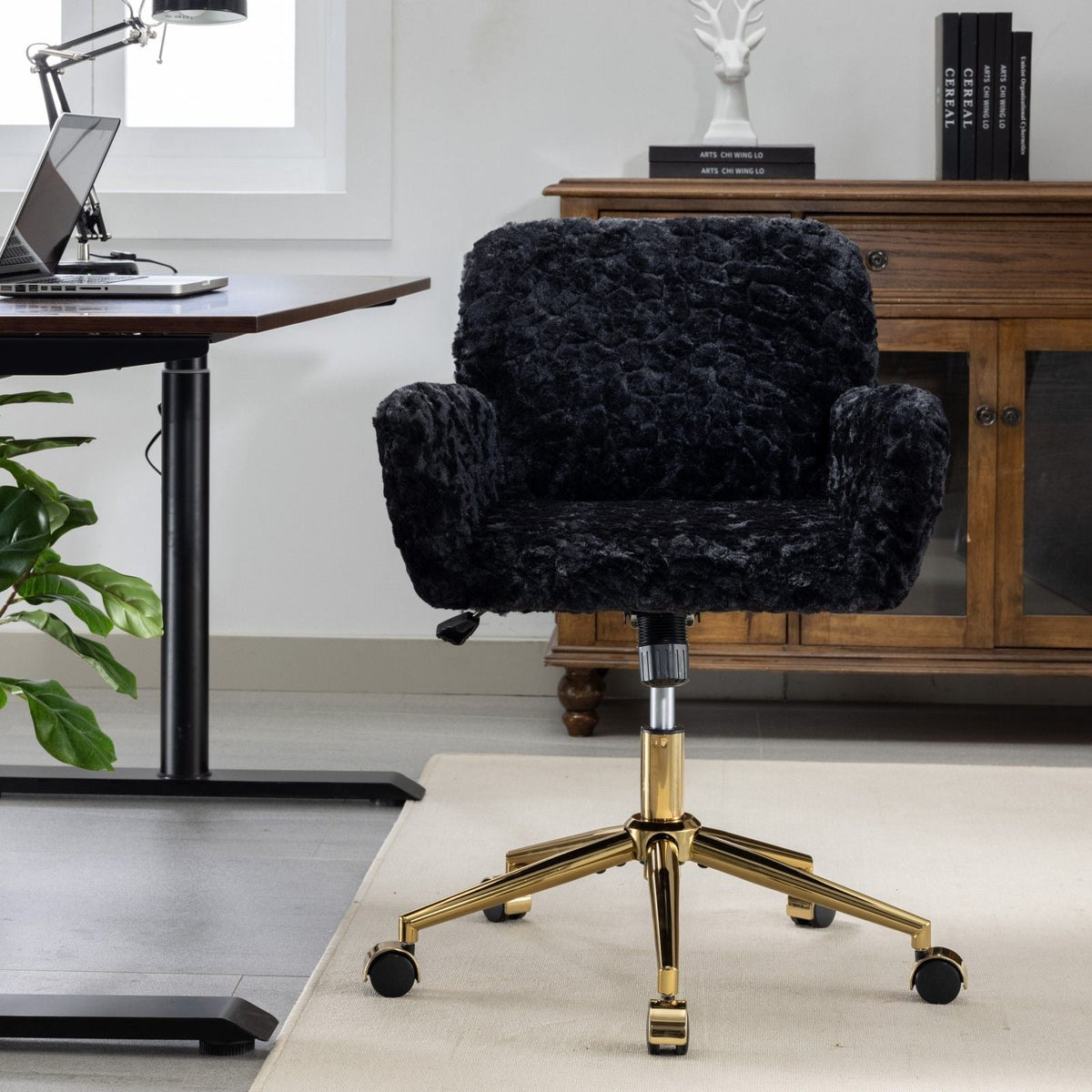 Office Chair, Artificial Rabbit Hair Home Office Chair With Metal Base, Adjustable Desk Chair Swivel Office Chair, Vanity Chair
