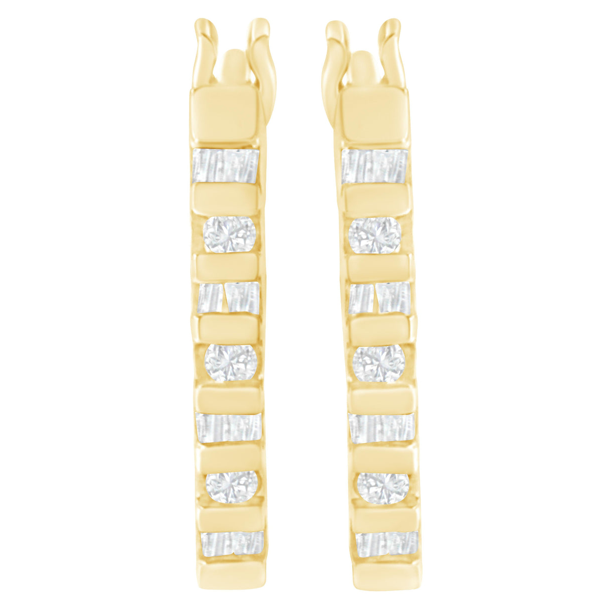 10K Yellow Gold Round and Baguette Cut Diamond Oblong Hinged Leverback Hoop Earrings (¼ Cttw, I-J Color, I2-I3 Clarity)