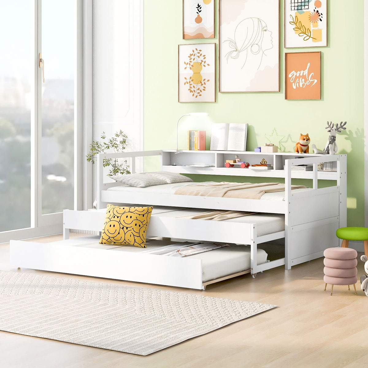 Daybed With 2 Trundles, 3 Storage Cubbies, Built In USB Charging Light