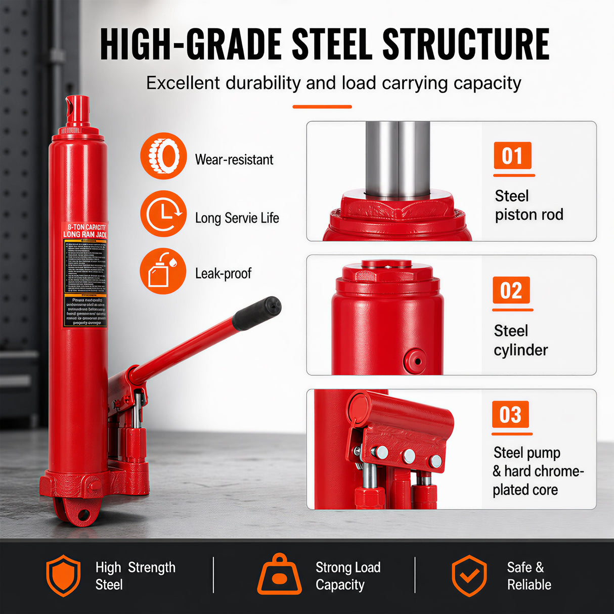 8 Ton Hydraulic Long Ram Jack - Dual Double Piston Pump, Clevis Base