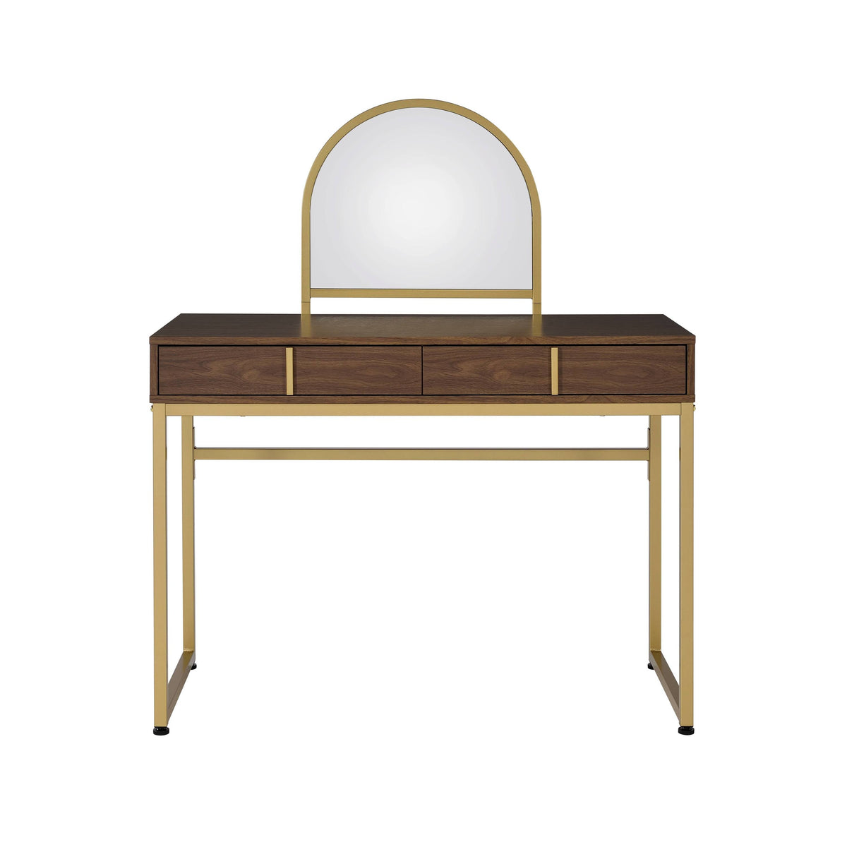 Walnut & Gold Finish Vanity Desk with Mirror & Jewelry Tray – Coleen