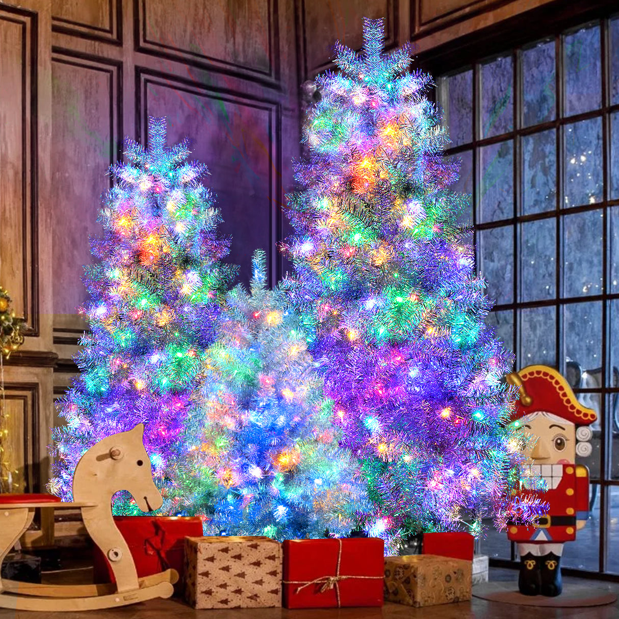 7.4FT,-6FT,-4FT-Silver-Pre-lit-Artificial-Hinged-Christmas-Tree-Set-of-3-Christmas-Tree
