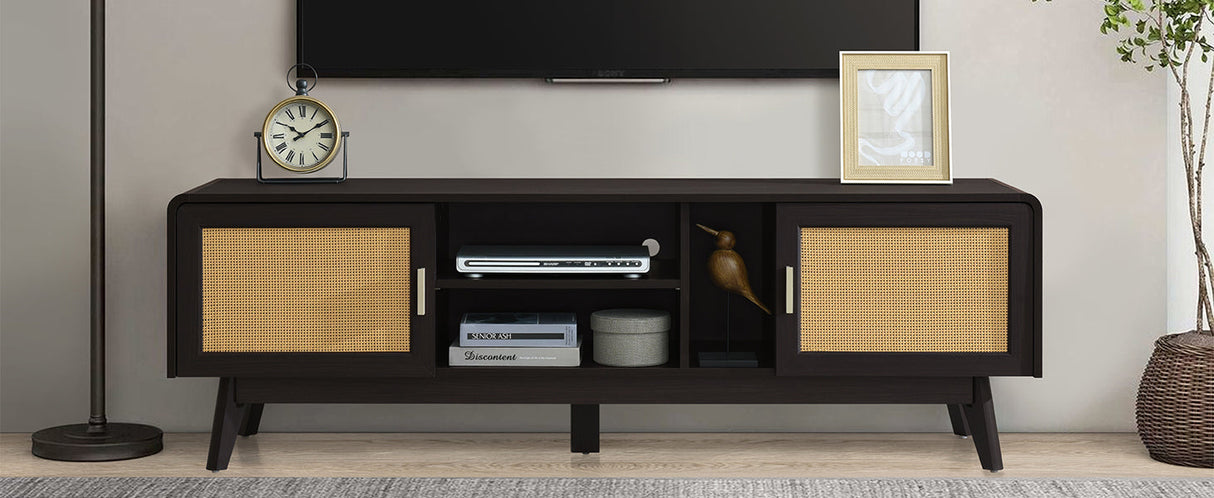 63'' Dark Rattan TV Stand with 2 Storage Cabinets and Solid Wood Legs