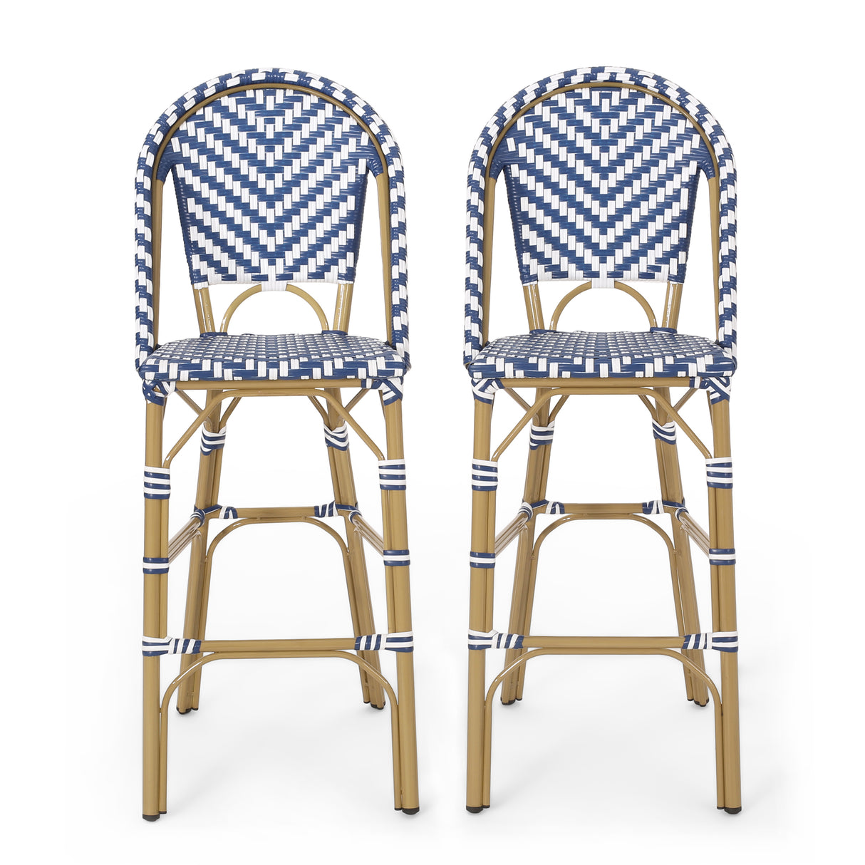 29.5" outdoor pe rattan french barstool, navy blue and white, aluminum frame with bamboo finish (set of 2)