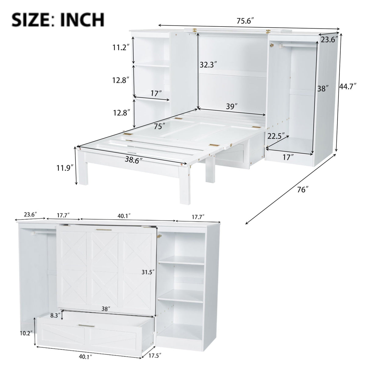 Twin Size Murphy Bed With Bedside Shelves And Wardrobe - White