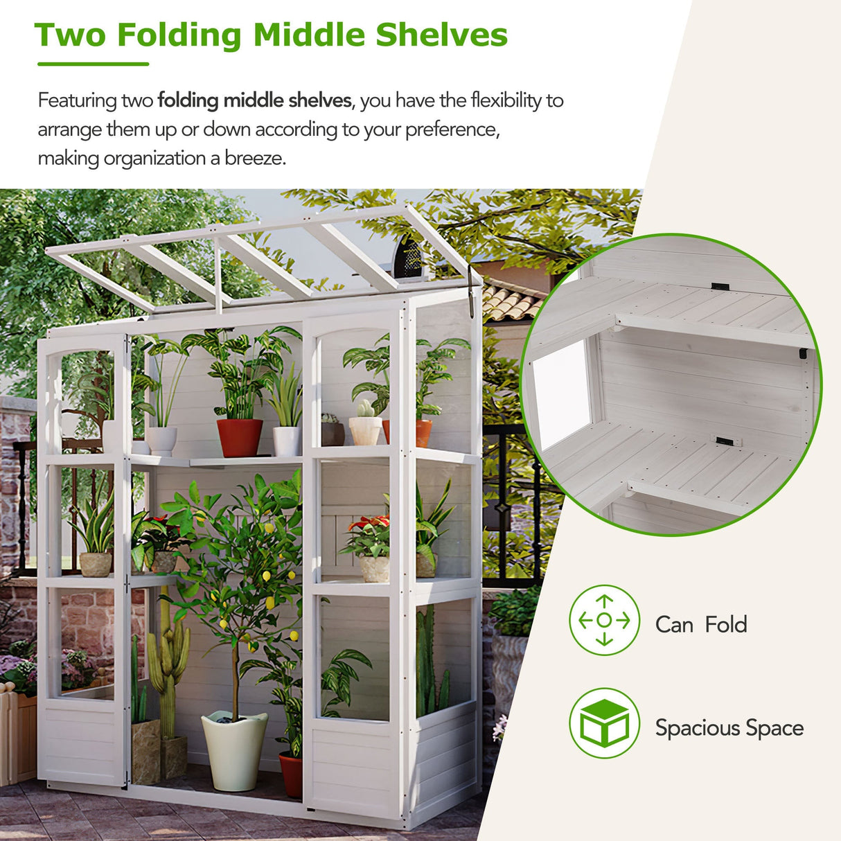 TOPMAX 78-inch Wooden Walk-in Greenhouse with 4 Skylights and Folding Shelves