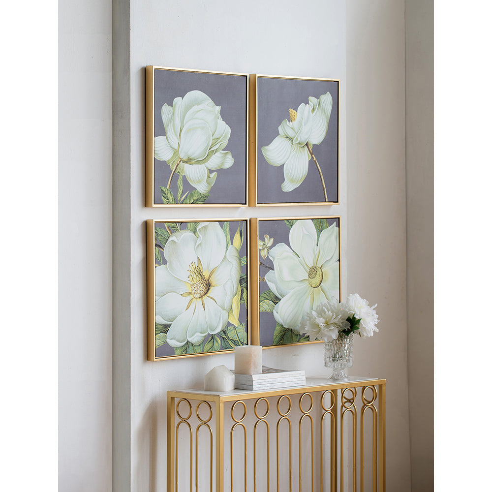 Set of 4 White and Gold Botanical Wall Art Prints, 20” x 20”