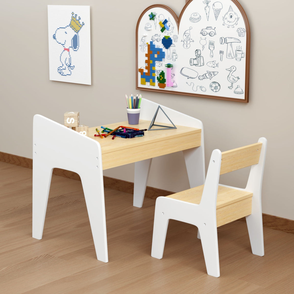 Children's White Study Table Set with Chair for Ages 2-8 - Wood
