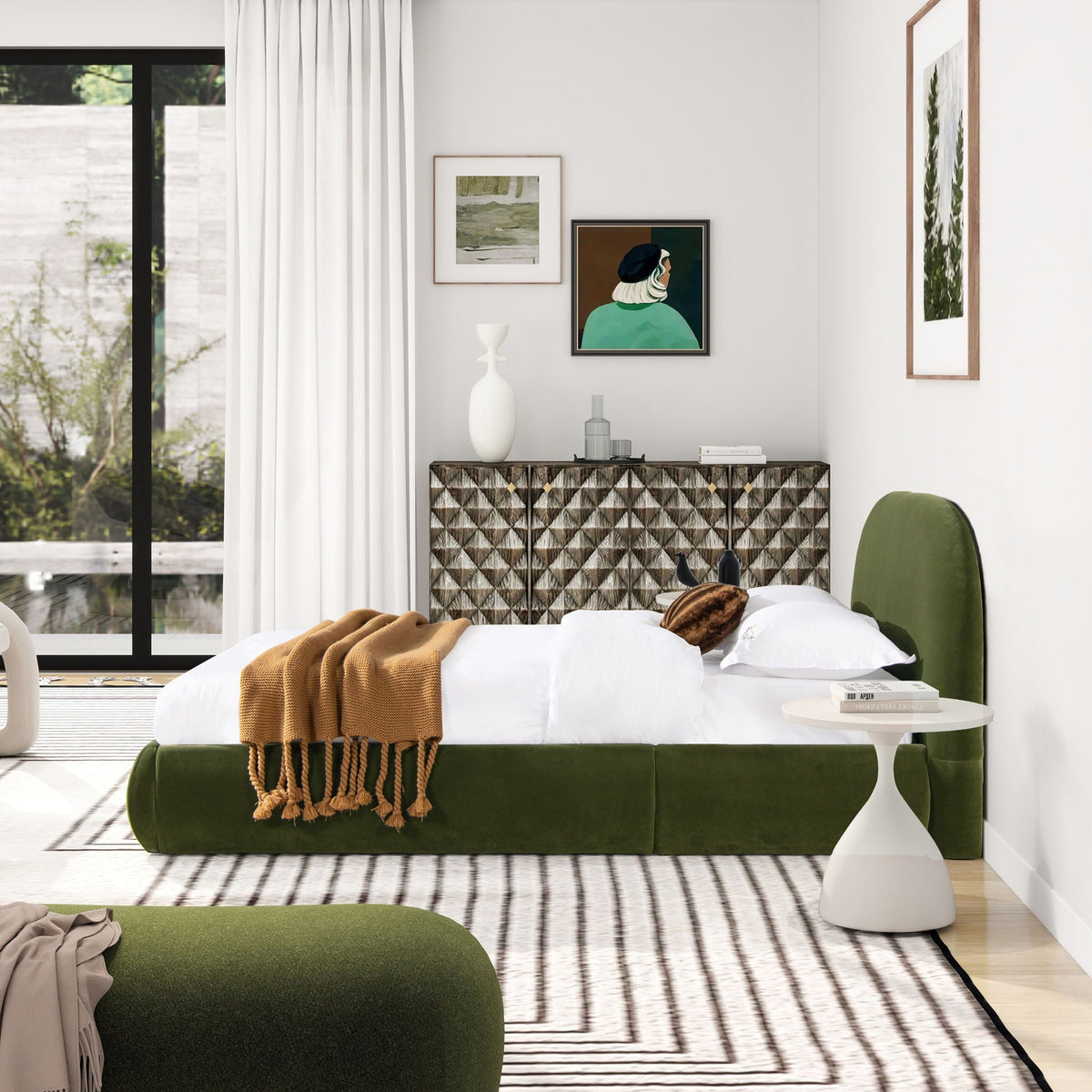 Archie Puffy Grounded Upholstered Platform Bed with Rounded Headboard - Green, White, Beige