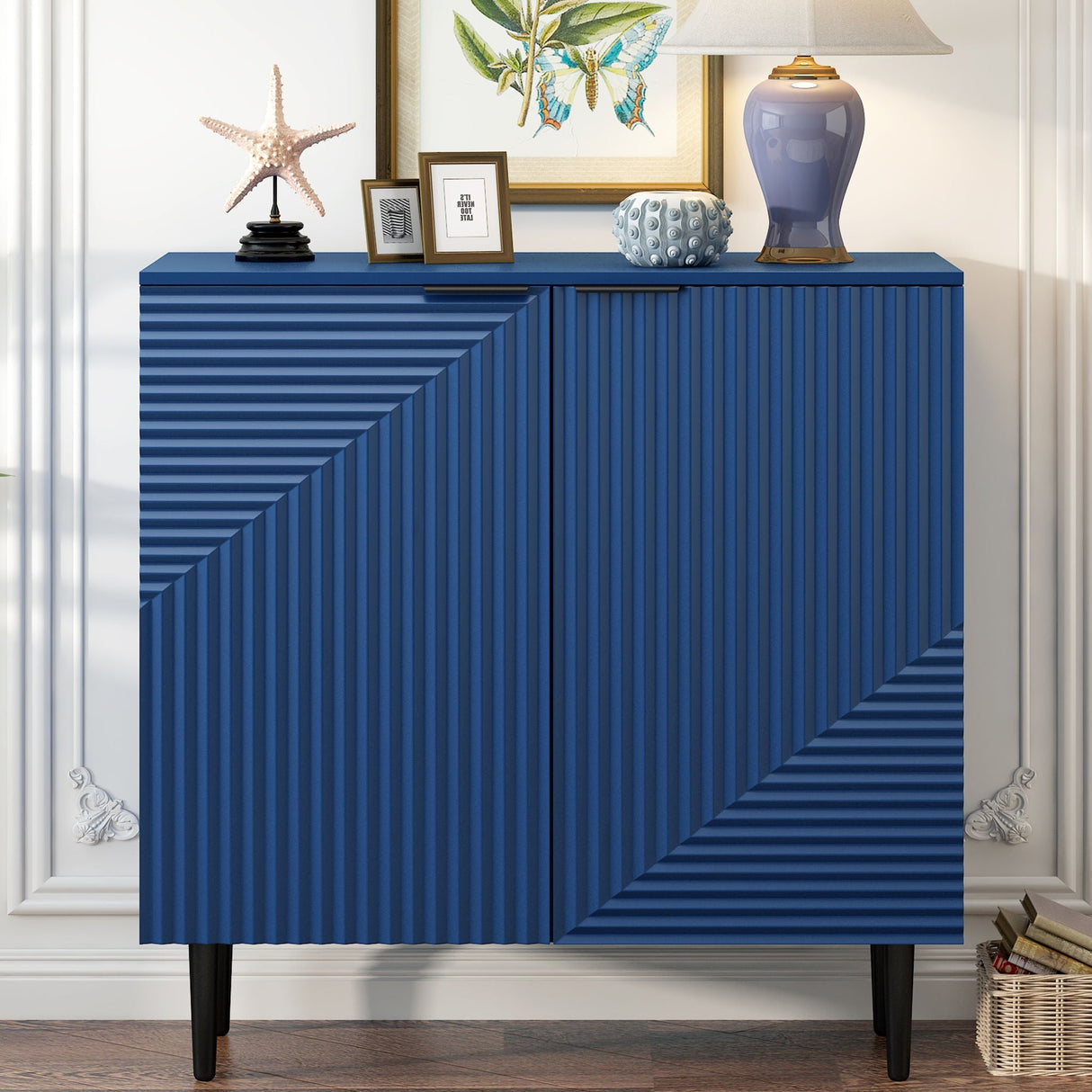 Side Cabinet With Adjustable Shelves And Geometric Door Panels - Navy Blue