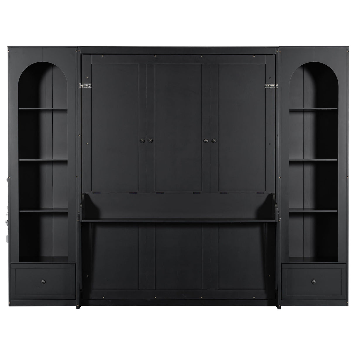 French Style Murphy Platform Bed With Shelf, Side Cabinets, Drawers And LED