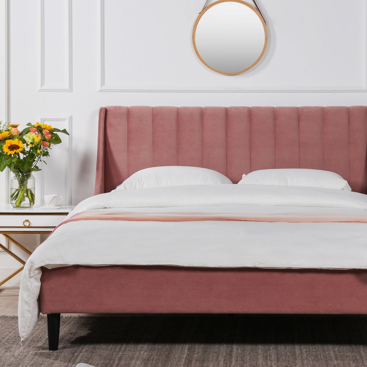 Aspen Vertical Tufted Headboard Platform Bed Set, Queen, Ash Rose Pink Velvet