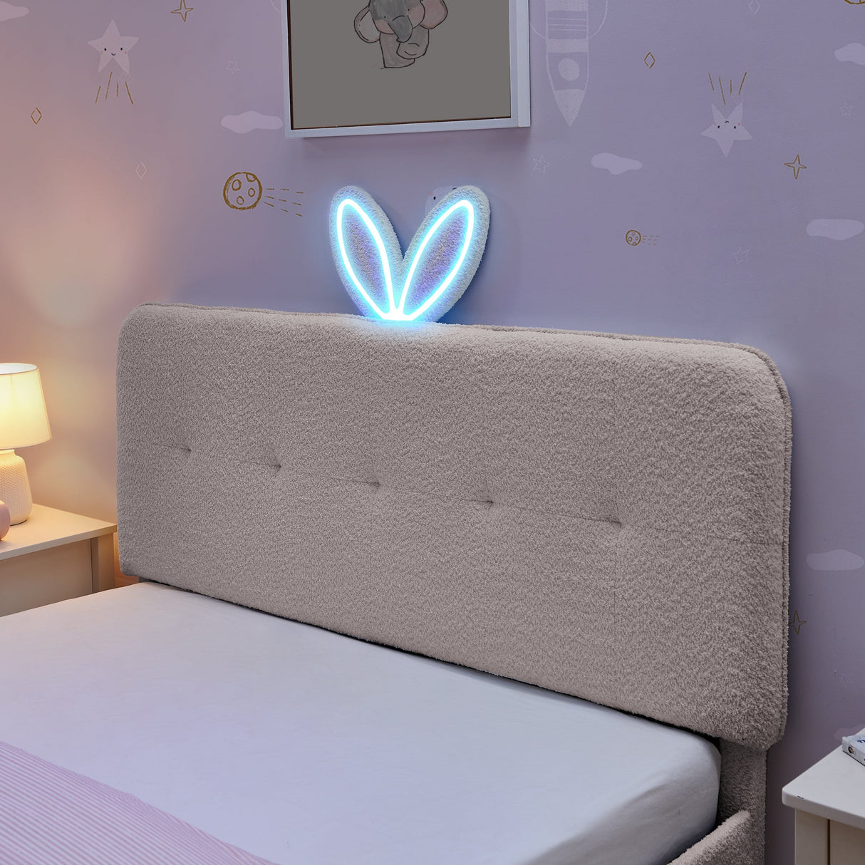 Full Size Kids Upholstered Bed with Oversized Rabbit Ear Headboard, LED Light & 4 Storage Drawers, Boucle Fabric (79.5''X55.75''X41'')