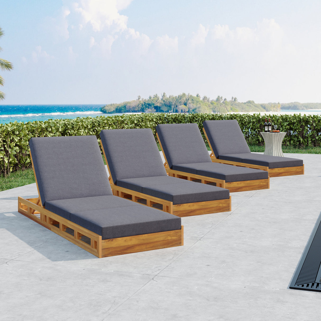 Lounge Chaise Set, Acacia Solid Wood with Lounge Cushion