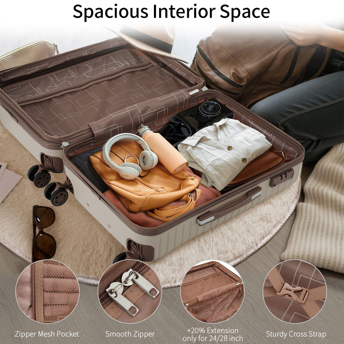 4 Piece Luggage Suitcase Set, Hard Shell Lightweight Expandable Travel Luggage With 4 Packing Cubes