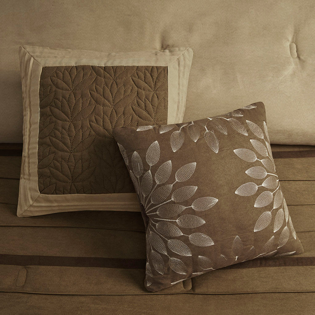 7 PC Pieced Faux Suede Comforter Set Natural Cal King