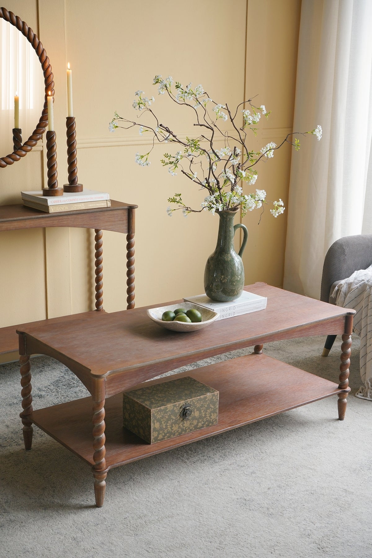 Rustic Brown Wood Coffee Table with Turned Spiral Legs and Lower Shelf