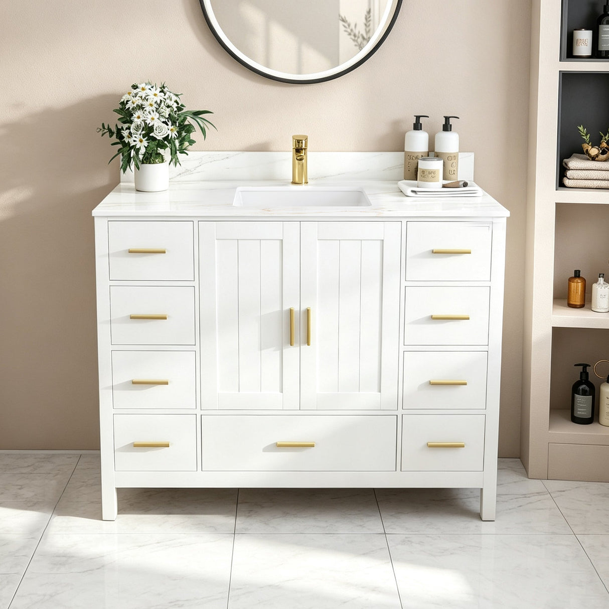 42" Modern Solid Wood Bathroom Vanity with Sink, 43" Carrara