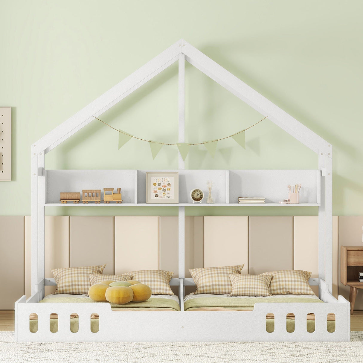 Twin Size Platform Bed With Shared Design, Guardrails, And Built In Shelves - Creamy White