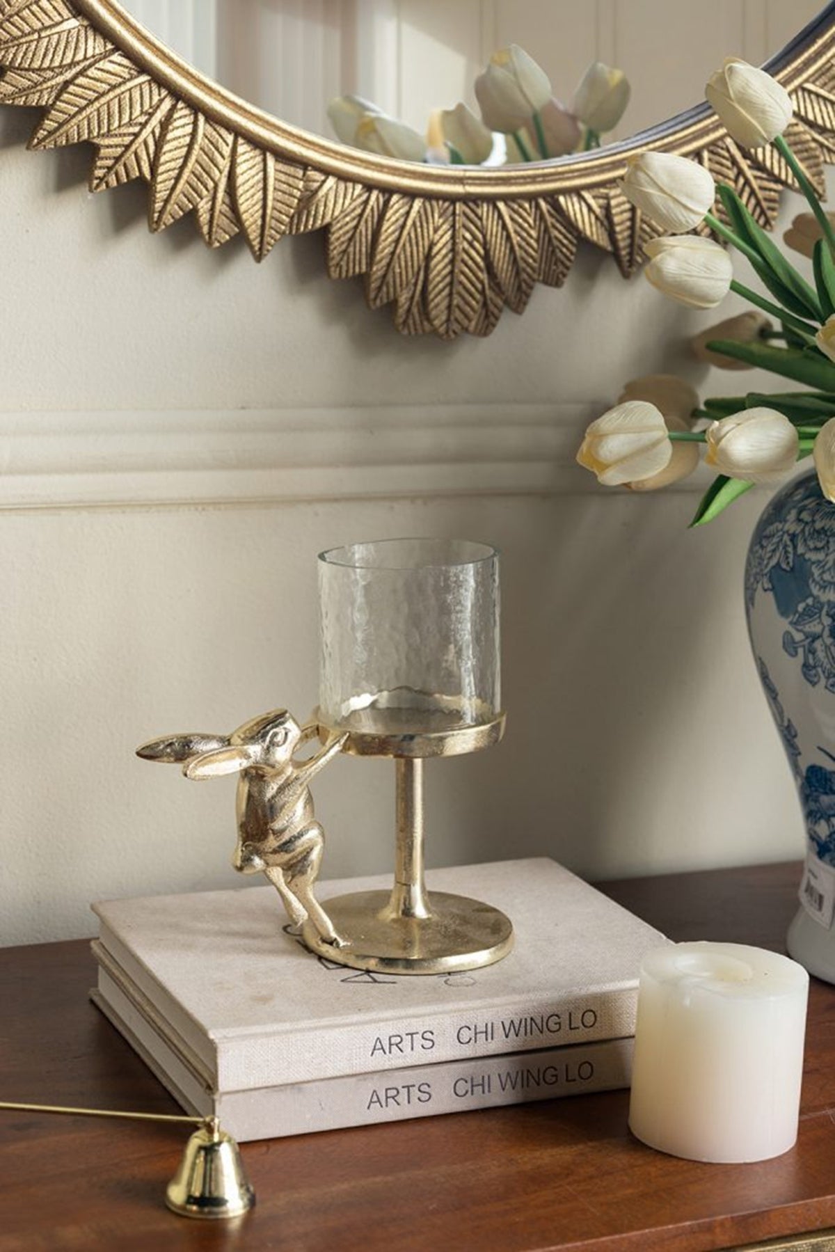 Set of 2 Gold Rabbit Pillar Candle Holders with Clear Glass Hurricane Shade