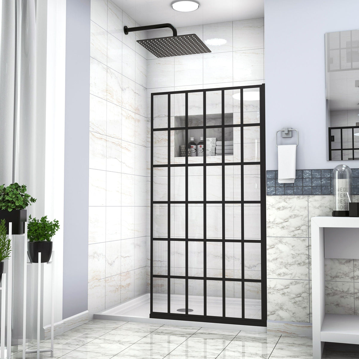 Frameless Fixed Shower Door with Open Entry Design – Matte Black