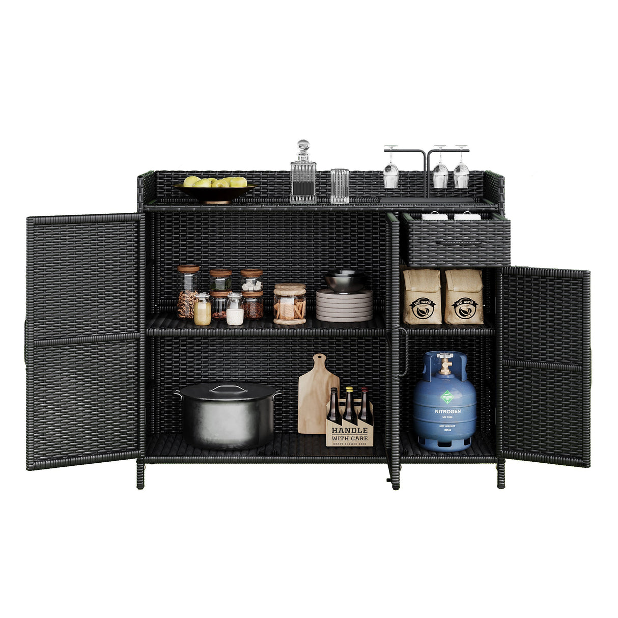 K&K 47.5"W Wicker Outdoor Storage Cabinet with Tempered Glass Desktop