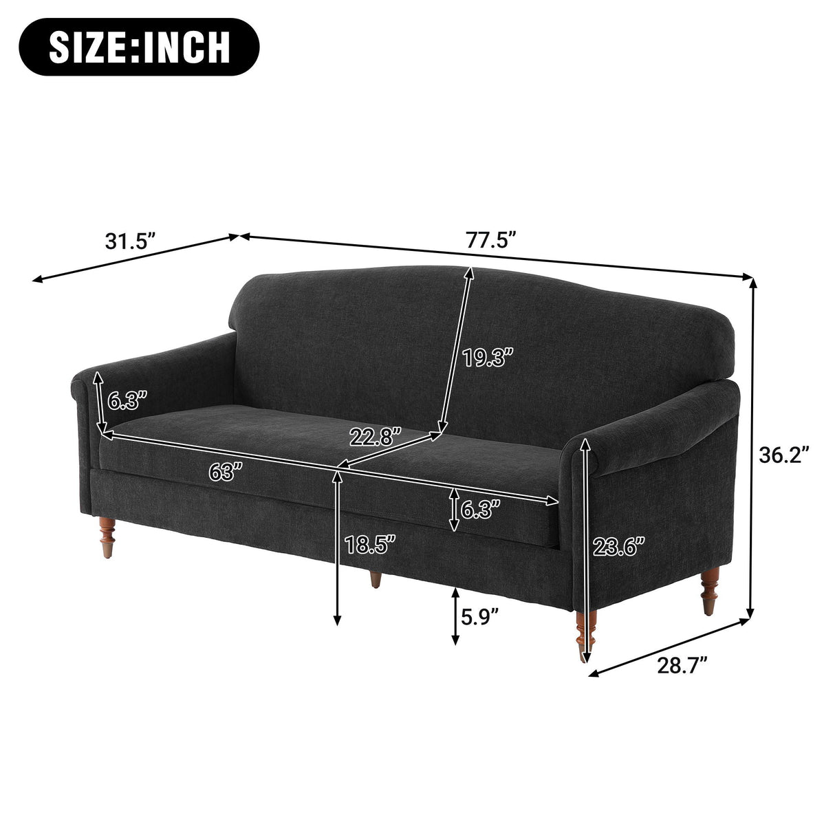 Loveseat Sofa, 2 Seater Couch with Rolled Arms