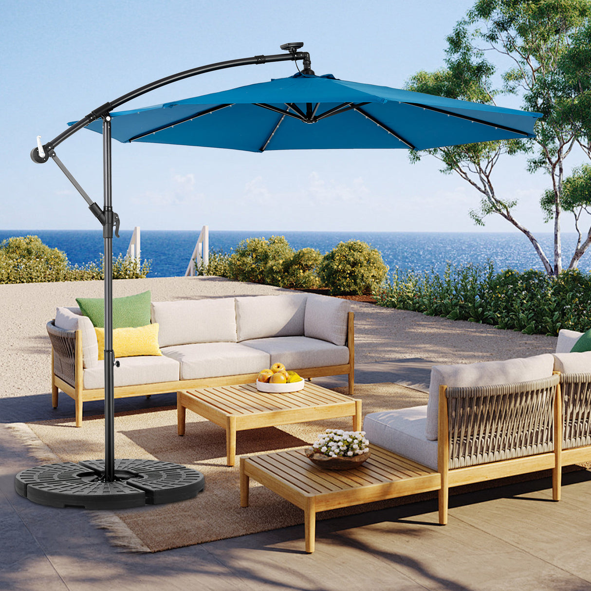 10ft Solar LED Offset Hanging Market Patio Umbrella (Dark Blue) (No Base)