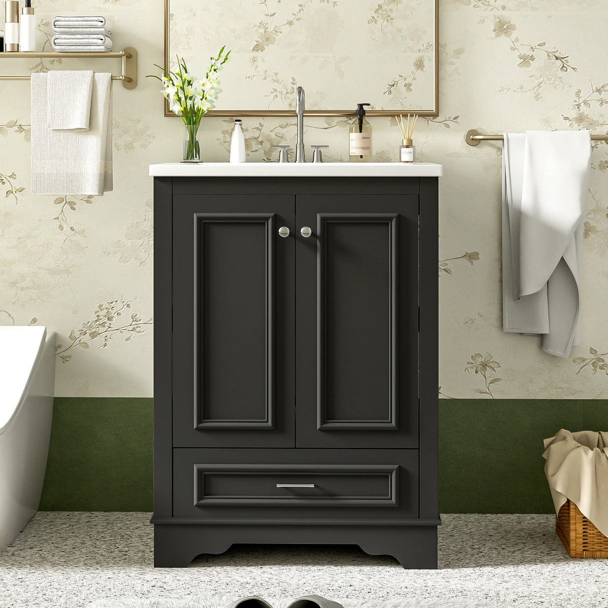 Bathroom Vanity With Ceramic Sink Combo, Modern Freestanding Storage Cabinet With Silver Handles