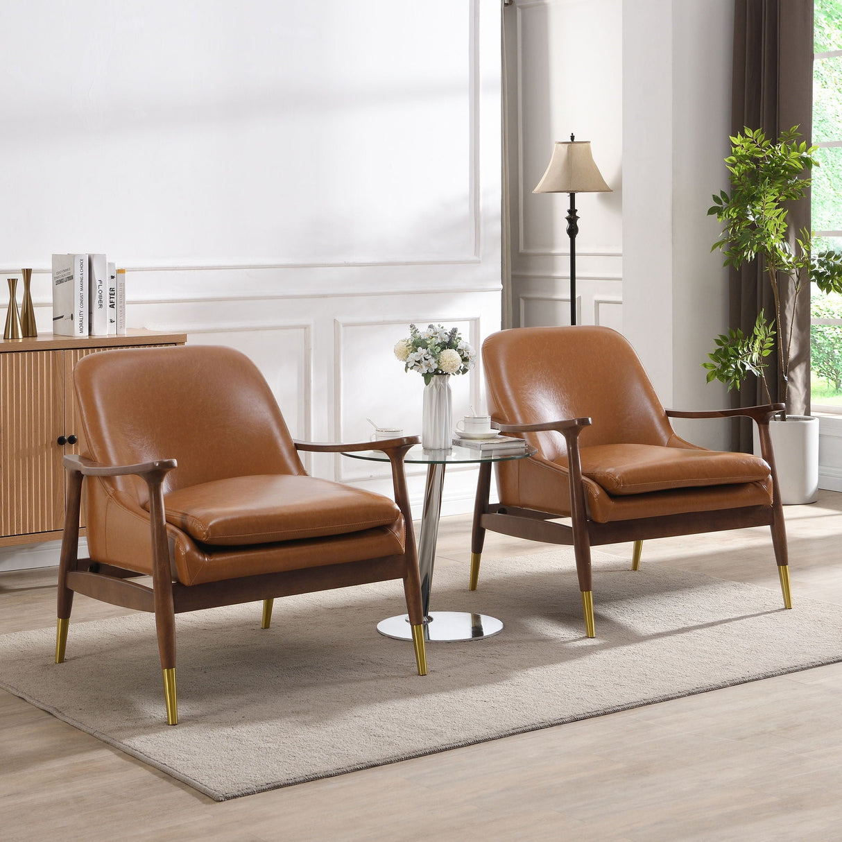 Mid-Century Accent Chair With Cushioned Seat, Brass Tipped Legs