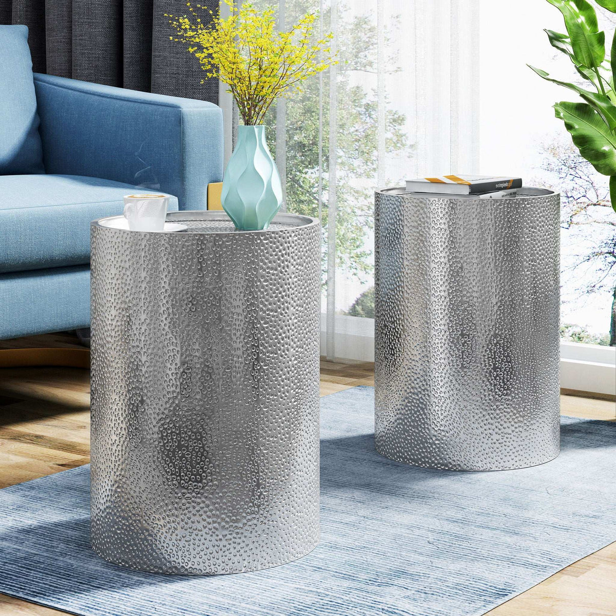 Modern Round Accent Table With Hammered Surface