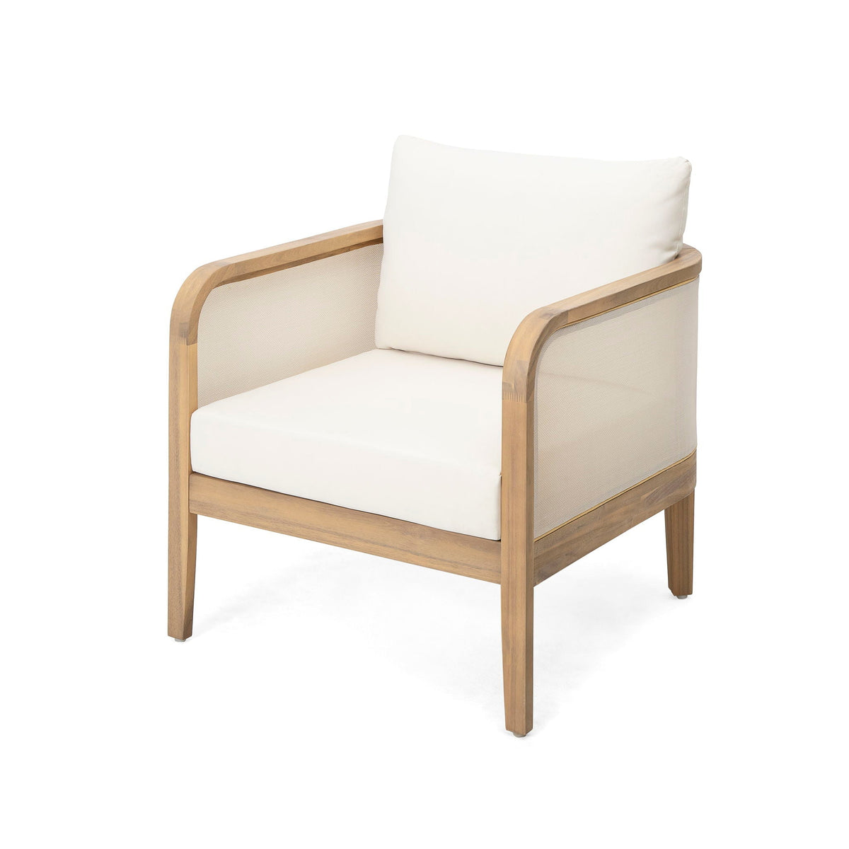 Outdoor Acacia Wood Patio Club Chair, Textilene Patio Furniture, Waterproof Thick Cushion Deep Seating For Porch, Garden, Backyard, Balcony, Weight Capacity 400Lbs, Light Teak - Beige